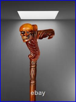 Ergonomic Handle Wooden Skull Head Walking Cane Stick Stylish for men Gifts item